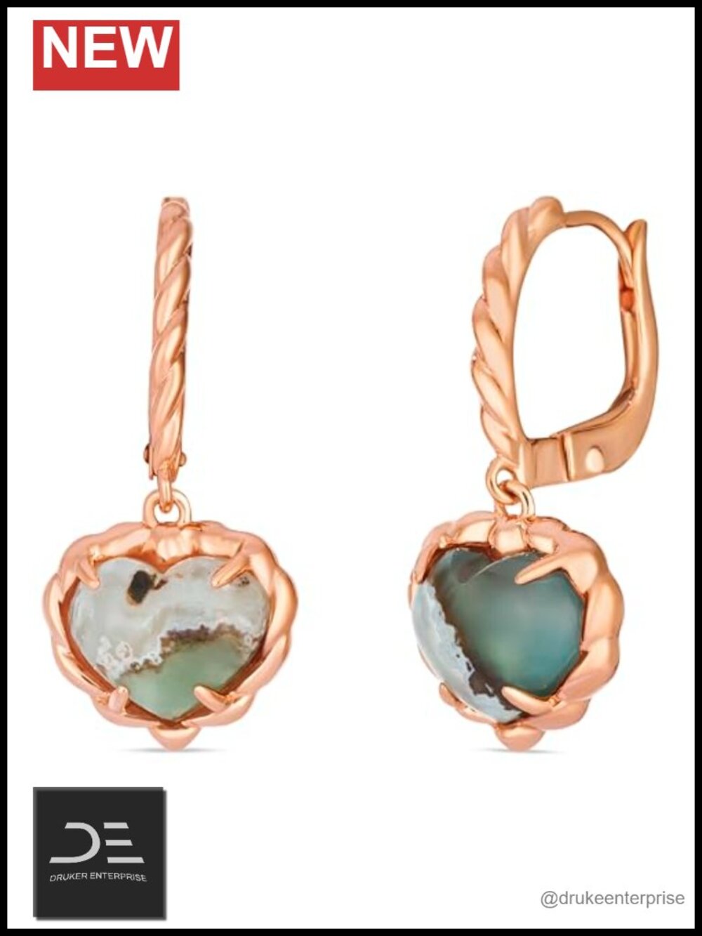 Aquaprase Heart Dangle Earrings Rose Gold Plated 925 Sterling Silver Lever Back